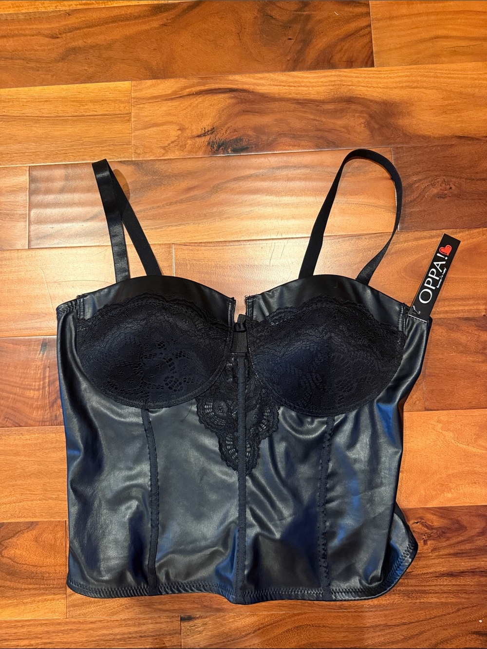 NWT 2x Plus Size OPPA Black Faux Leather Lace Bustier Top